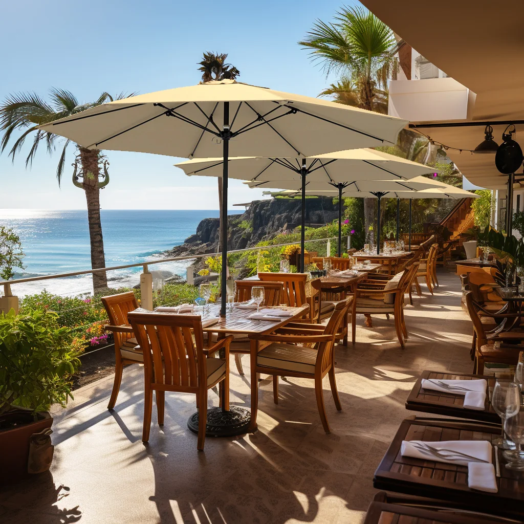 Ocean-view restaurant terrace shaded by a row of California Umbrella market umbrellas