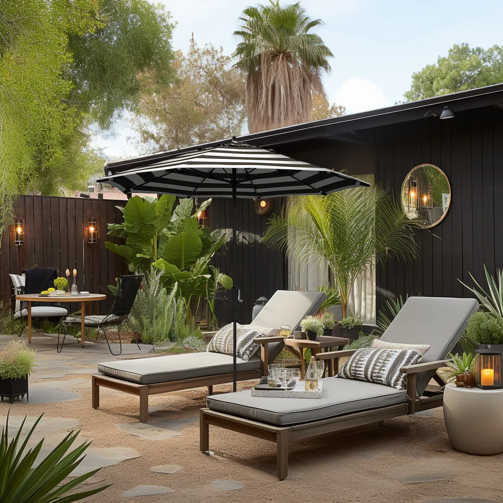 Residential backyard patio shaded by a California Umbrella cantilever umbrella