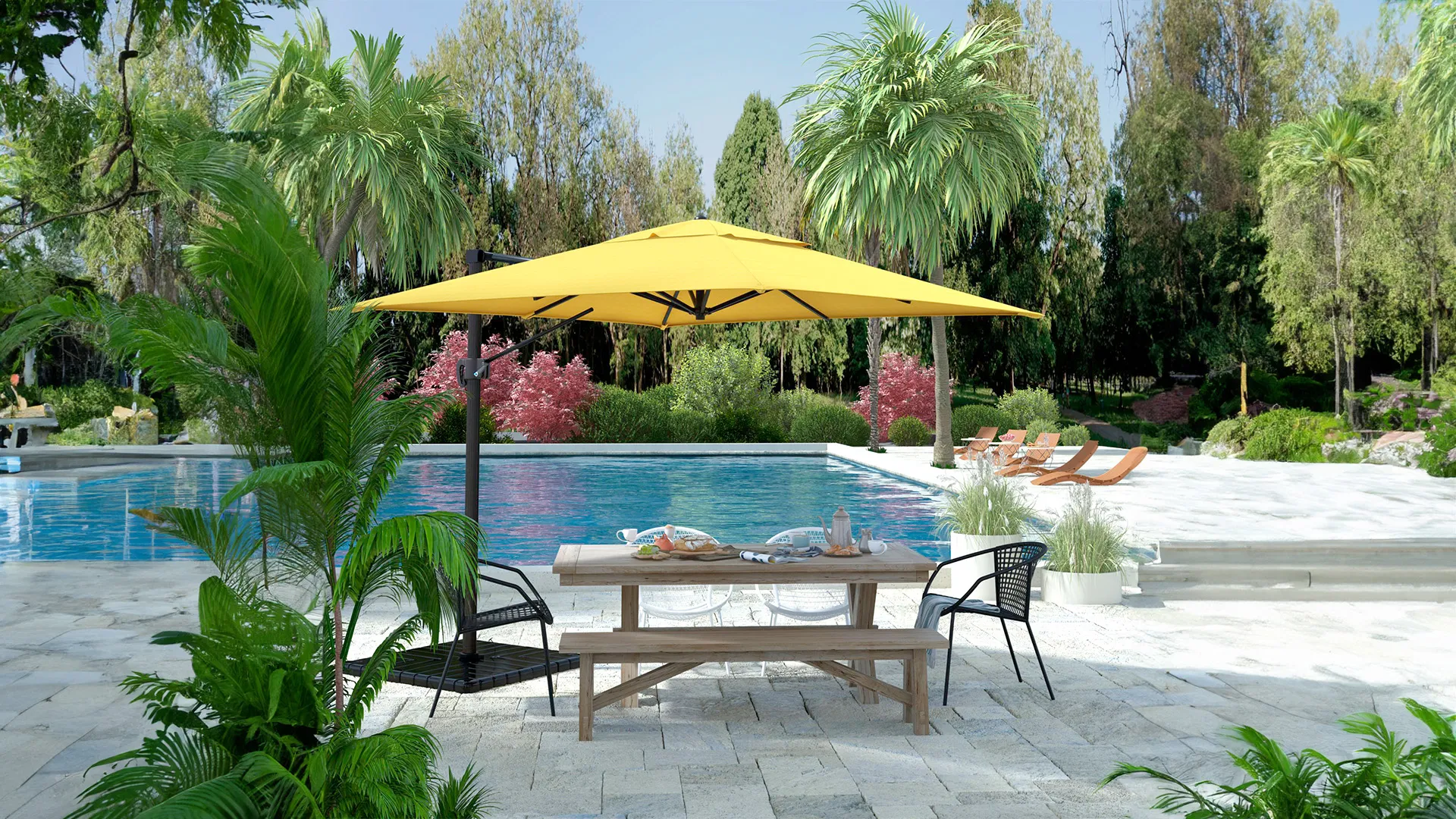 A Cali Series Residential Patio Umbrella by California Umbrella stands in a stylish backyard setting, featuring a sleek cantilever design and a durable Sunbrella fabric canopy. Designed for versatile shade and modern outdoor living, it enhances the space with effortless functionality and timeless elegance.