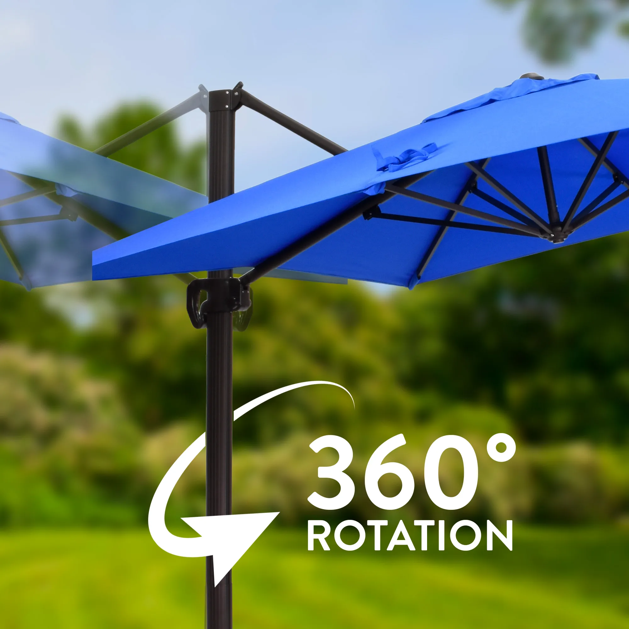 An image illustrating the full 360-degree rotation capability of the Cali Series Residential Cantilever Patio Umbrella by California Umbrella, offering seamless shade adjustments for maximum coverage in any outdoor setting.