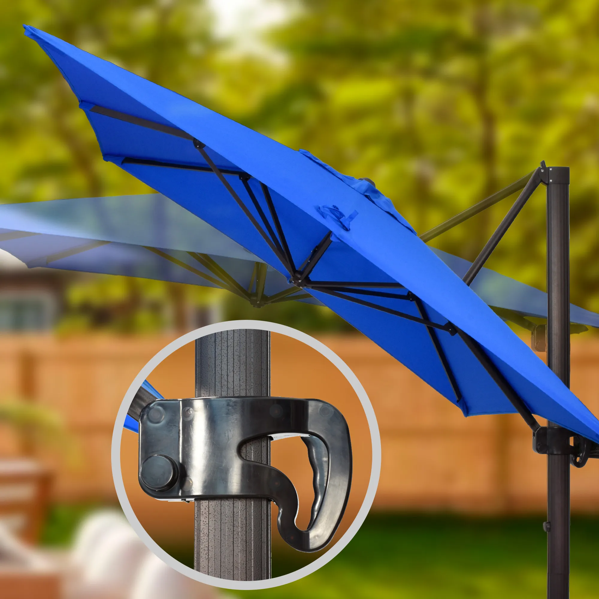 An image demonstrating the dynamic side tilt feature of the Cali Series Residential Cantilever Patio Umbrella, allowing for adjustable shade positioning to block the sun at various angles throughout the day.