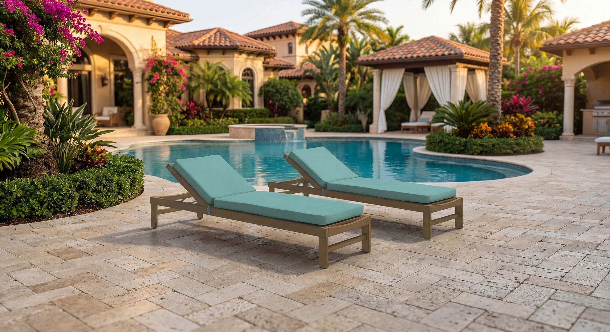 Chaise lounge cushion styled beside a pool with layered pillows.
