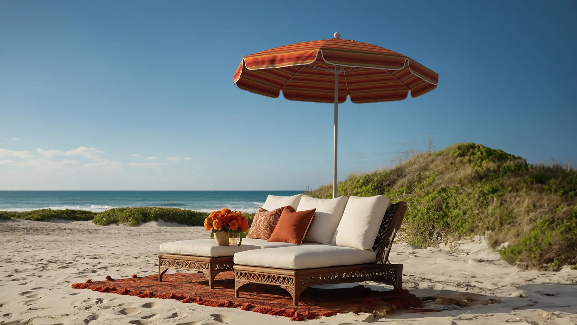 California Umbrella Coast Series hero banner displaying a stylish striped umbrella over a beachside lounge. Designed for coastal living, this umbrella features a curved canopy and bay-like valance edges, complementing the elegant outdoor setting with a backdrop of a serene beach and lush landscape. The lightweight aluminum frame and flexible fiberglass ribs ensure durability and stability in breezy seaside conditions.