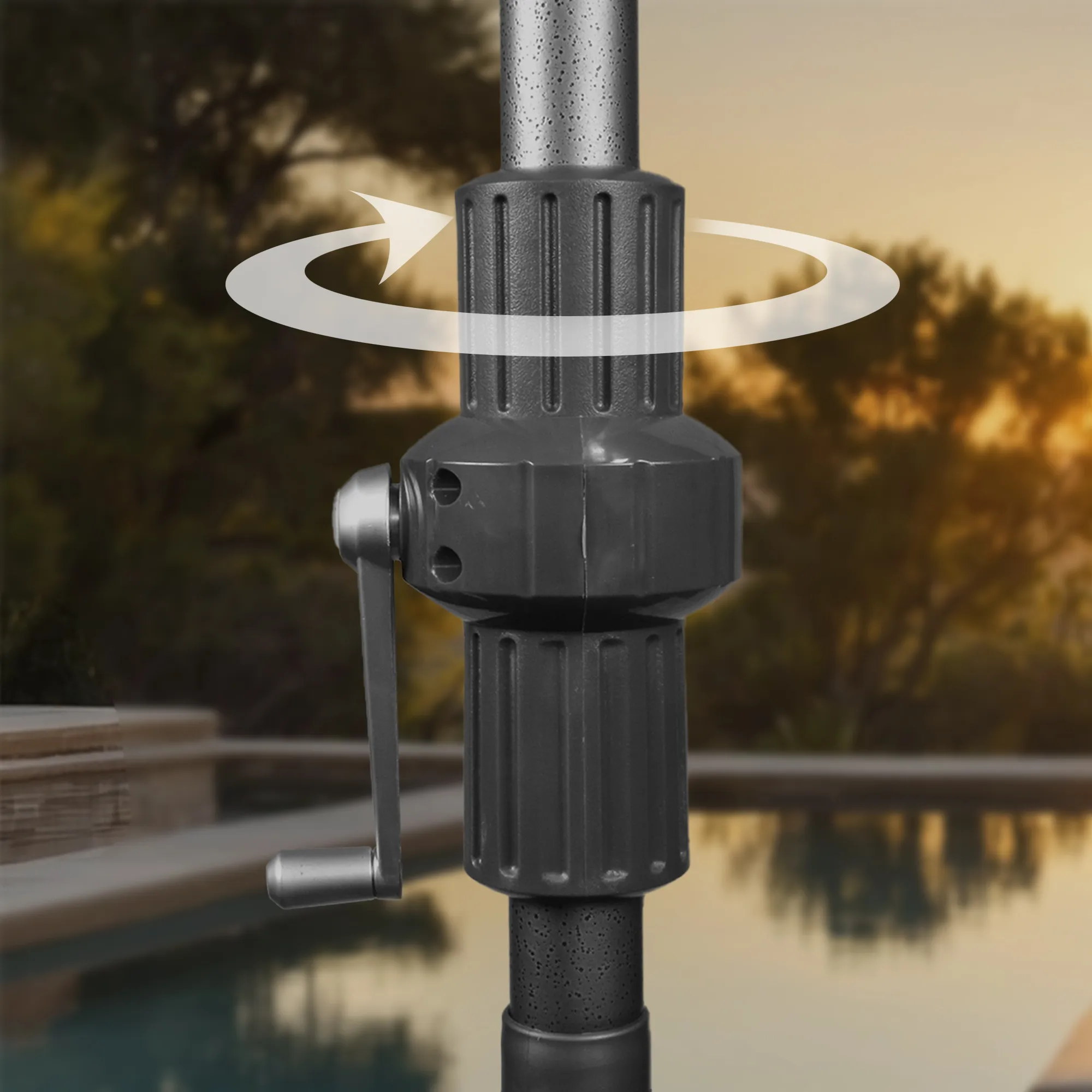 Detailed view of the revolutionary collar tilt mechanism on the Golden State Series residential patio umbrella, emphasizing its innovative design for precise shade control in residential environments.