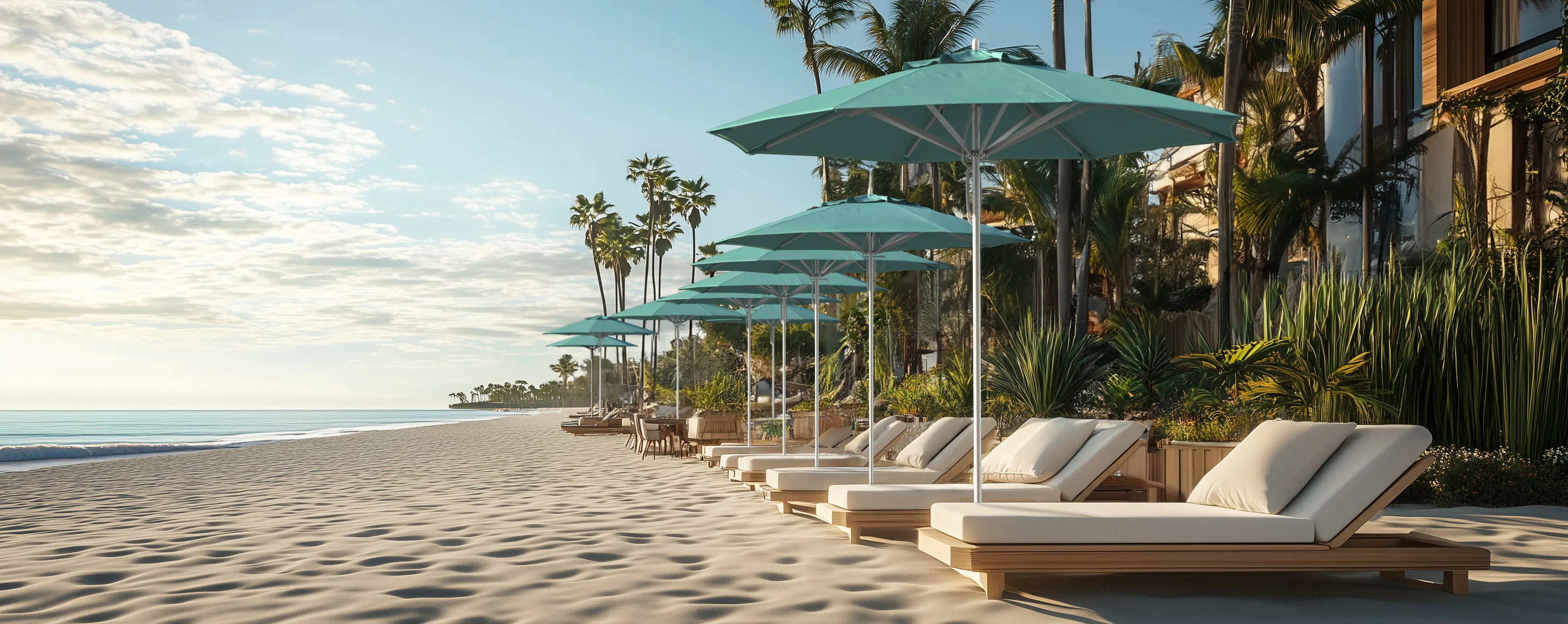 Newport Series commercial-grade patio umbrellas by California Umbrella, featuring sleek aluminum frames and vibrant teal canopies, creating a luxurious and serene beachside retreat.