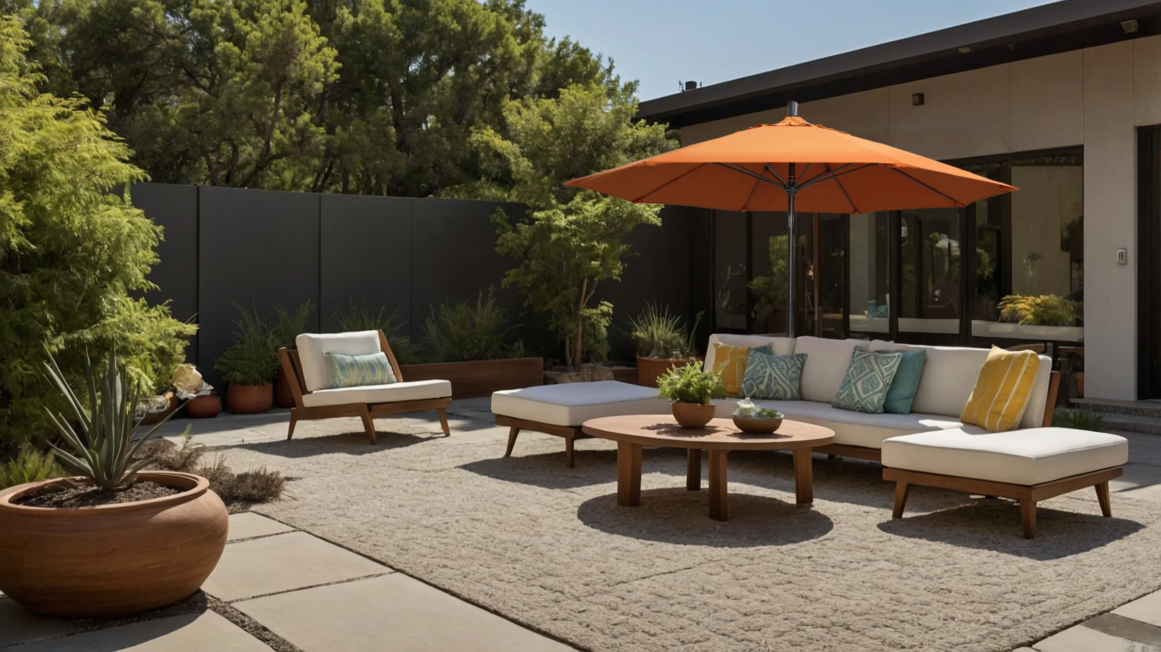 Hero banner image of the Sun Master Series Residential Patio Umbrella by California Umbrella, showcased in a modern outdoor lounge setting. The umbrella, featuring Sunbrella Tucson fabric, casts a vibrant orange shade over a stylish patio arrangement, enhancing the contemporary aesthetic. This setup captures the umbrella's classic functionality and advanced features, including a lightweight aluminum center pole and revolutionary collar tilt for easy adjustment and optimal comfort. Positioned amidst lush greenery and sleek outdoor furniture, the Sun Master Series exemplifies outdoor leisure and design evolution.