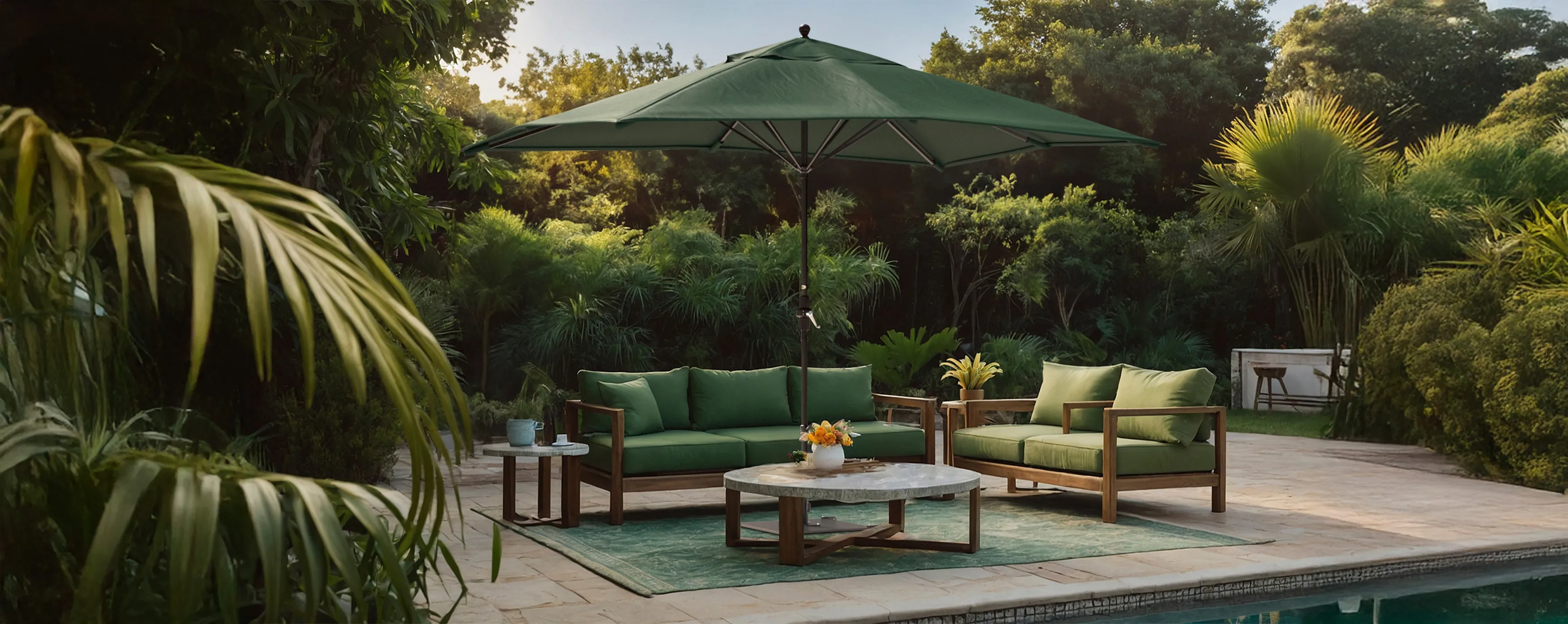 California Umbrella Coast Series hero banner displaying a stylish striped umbrella over a beachside lounge. Designed for coastal living, this umbrella features a curved canopy and bay-like valance edges, complementing the elegant outdoor setting with a backdrop of a serene beach and lush landscape. The lightweight aluminum frame and flexible fiberglass ribs ensure durability and stability in breezy seaside conditions.
