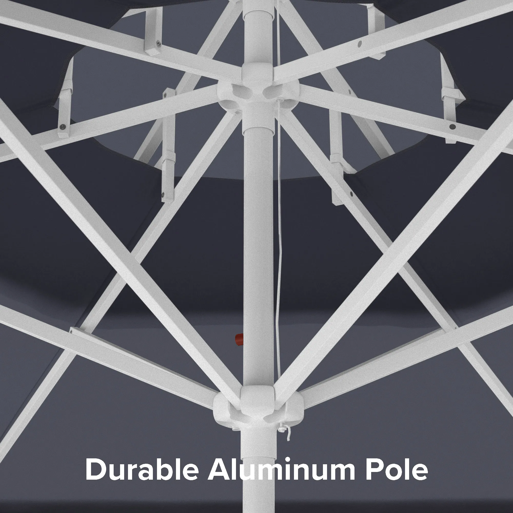 An image showcasing the sturdy aluminum center pole of the Terrace Series Patio Umbrella by California Umbrella, designed for long-lasting durability, strength, and stability in outdoor settings.