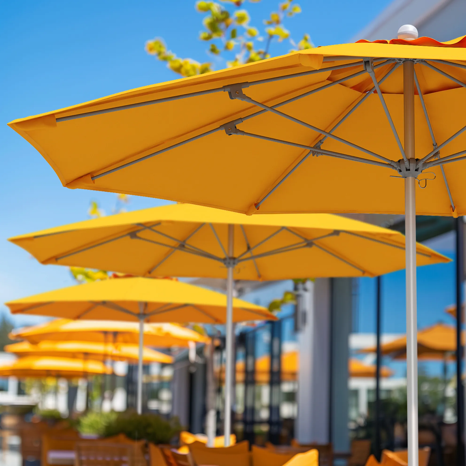 Feature photo showcasing the aluminum center post of the Venture Series Commercial-Grade Patio Umbrella by California Umbrella, paired with vibrant Sunbrella yellow fabric canopies, designed for durability and style in outdoor commercial spaces.