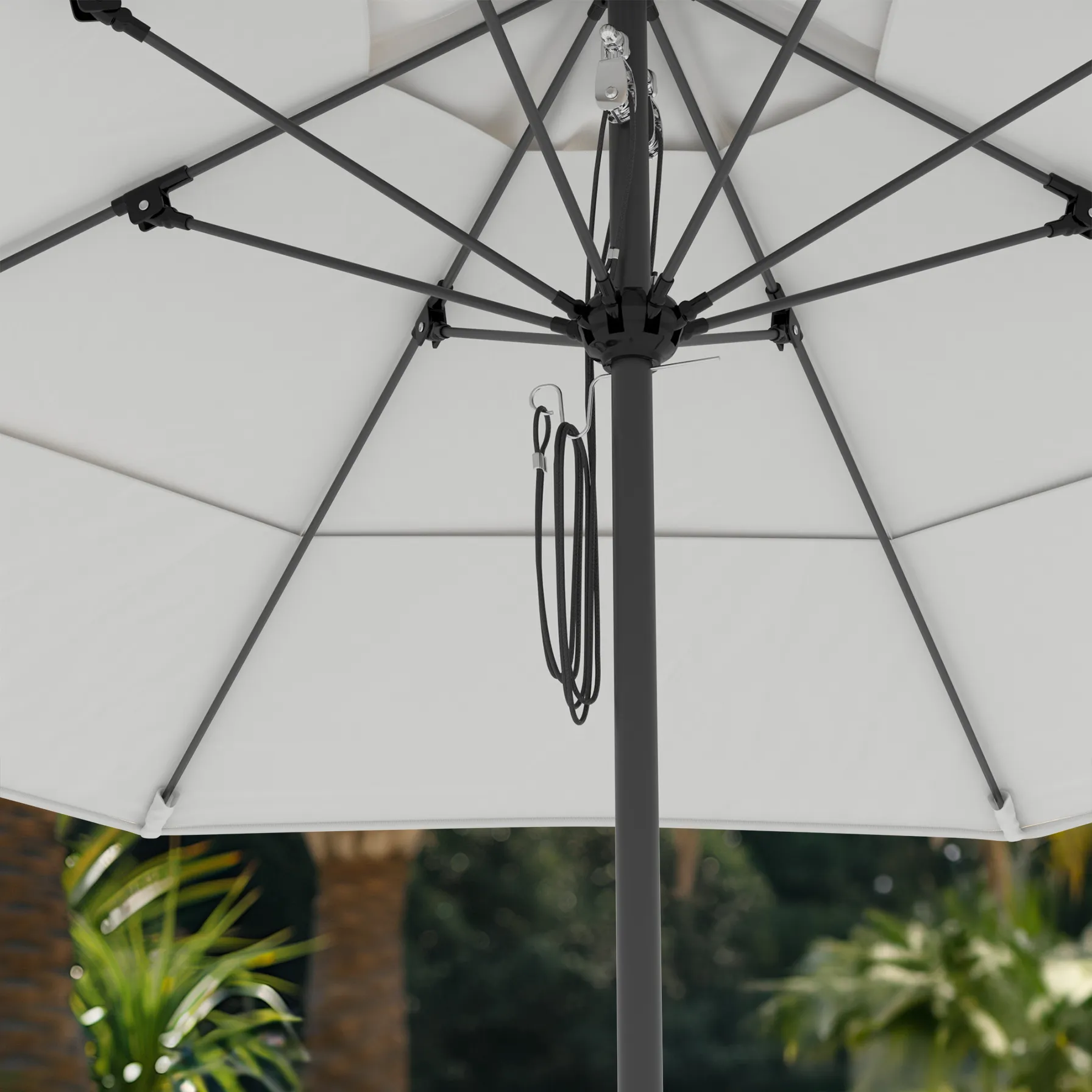 Close-up photo highlighting the Push Lift mechanism of the Venture Series Commercial-Grade Patio Umbrella by California Umbrella, featuring a sleek aluminum frame and Sunbrella Natural fabric canopy for effortless operation and timeless elegance in outdoor settings.