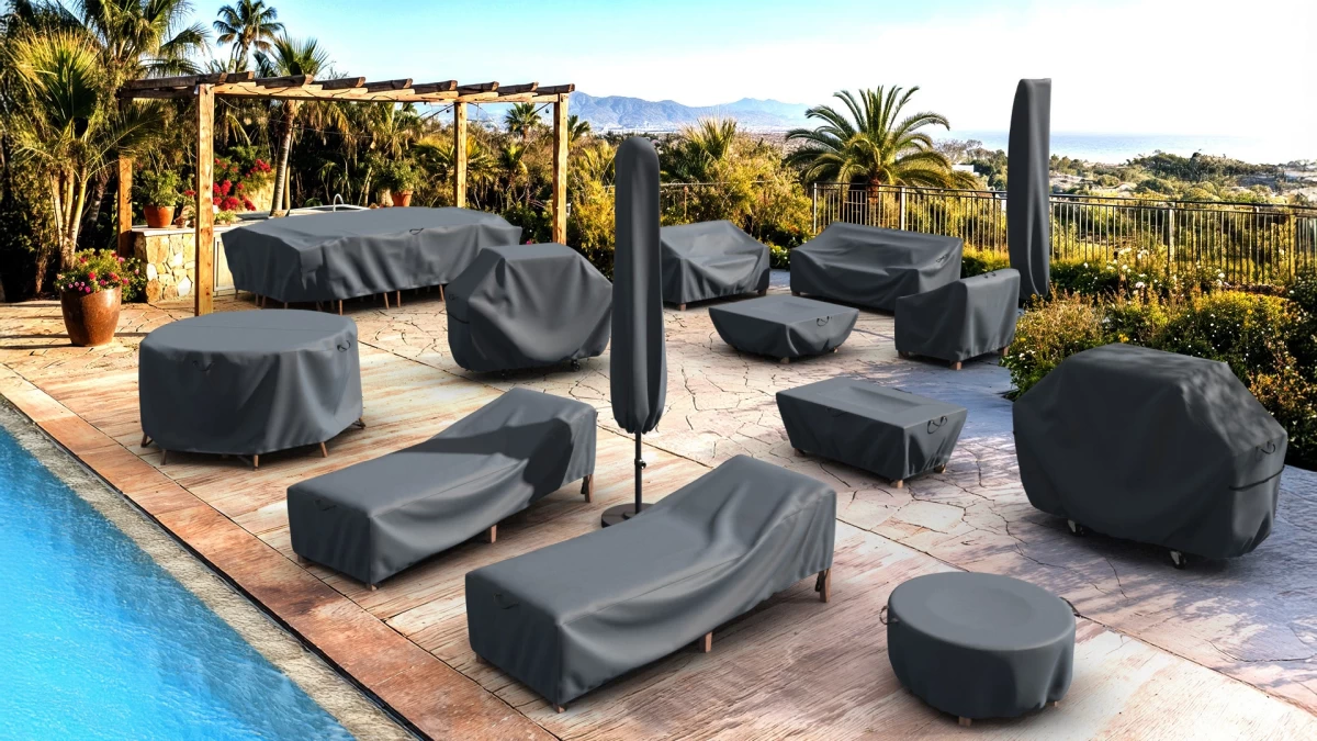Weather-resistant protective covers for outdoor furniture and patio umbrellas, designed to shield against rain, UV rays, and debris. These durable, waterproof covers ensure long-lasting protection for residential and commercial outdoor spaces, keeping patio seating and umbrellas in top condition year-round.